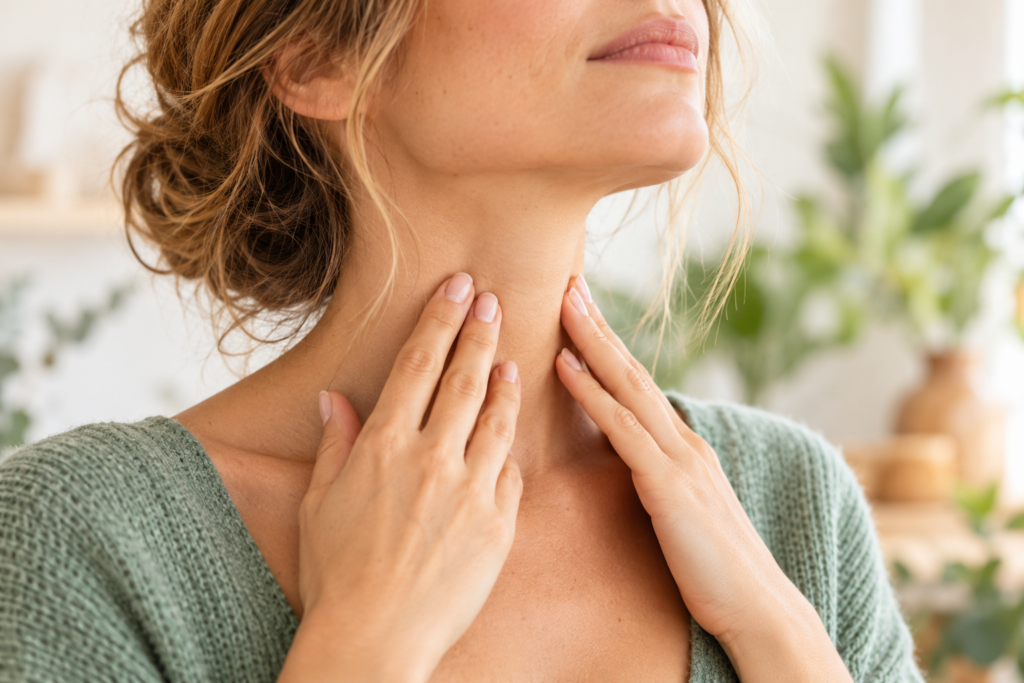 Femme posant délicatement les mains sur son cou, illustration de la région thyroïdienne.