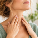 Femme posant délicatement les mains sur son cou, illustration de la région thyroïdienne.