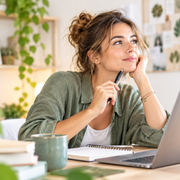 Femme réfléchissant à son bureau dans un environnement calme et lumineux.